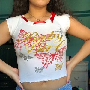 Y2K ruffle butterfly top with red ribbon